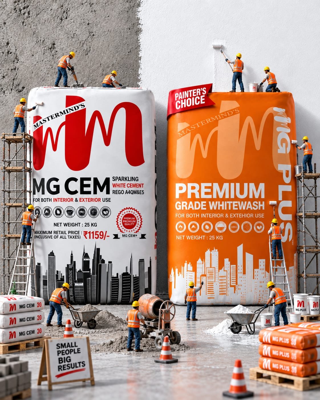 Giant MG CEM and MG PLUS packs on a construction site with painters at work - Small People, Big Results